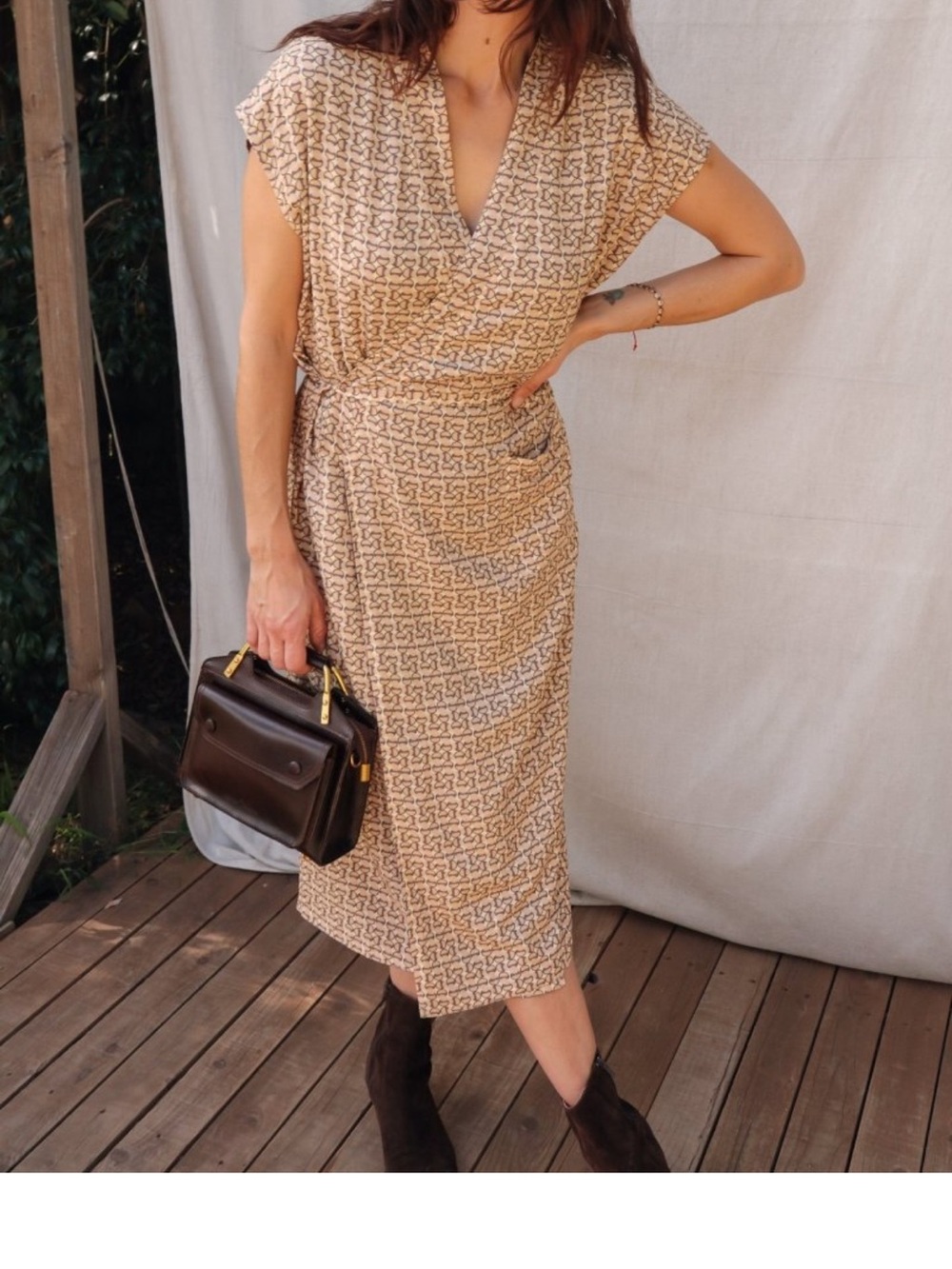 Cream Patterned V-Neck Midi Dress with Waist Tie